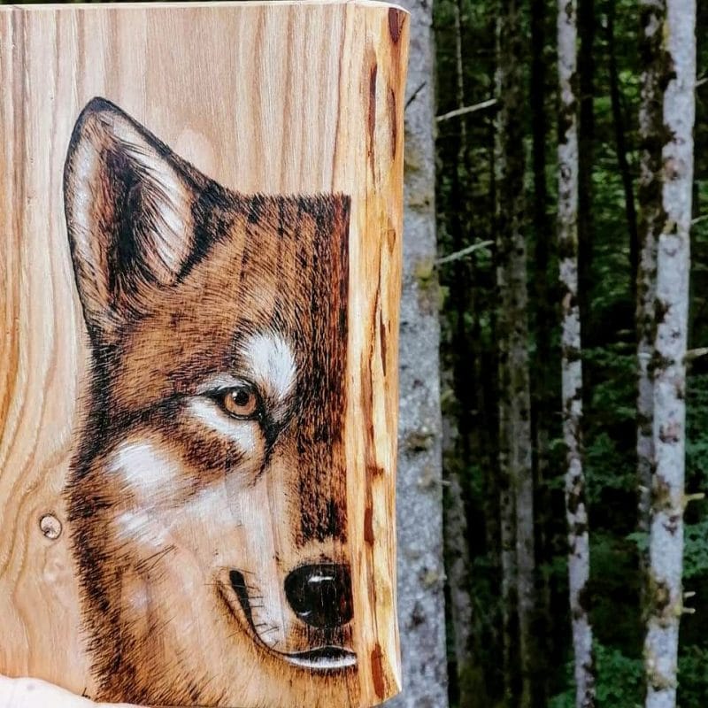 Pyrogravure sur bois demi husky artiste animalière