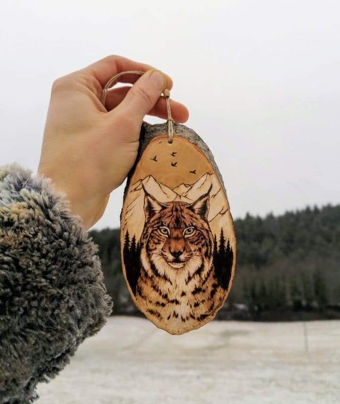 Pyrogravure sur bois lynx a la montagne artiste animalière